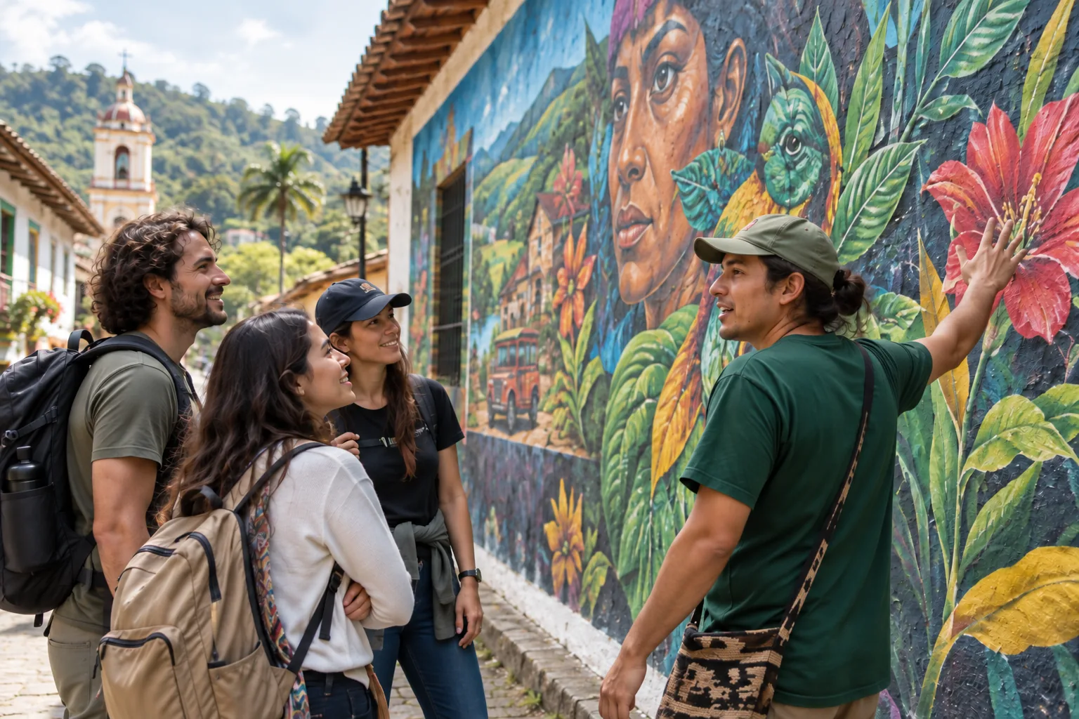 Visitantes recorren un mural colorido en Santa Rosa de Cabal