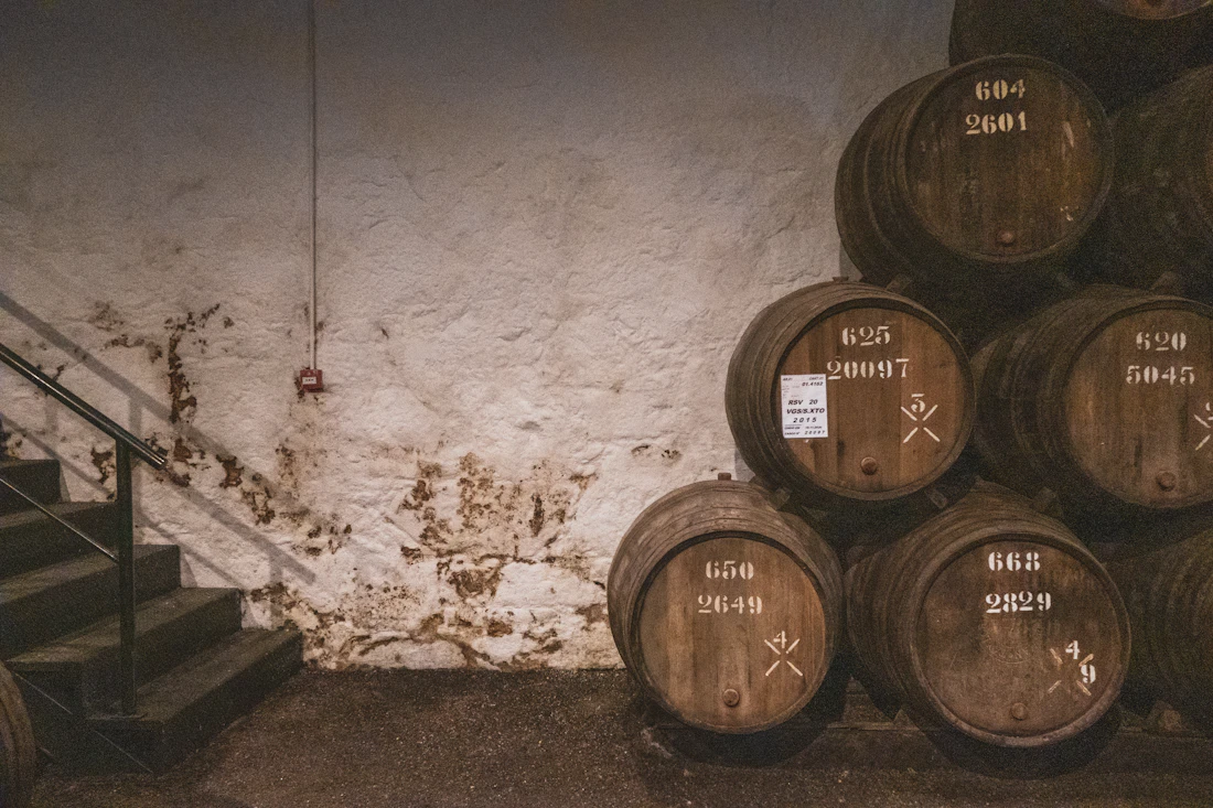 Barricas de vino apiladas en la bodega