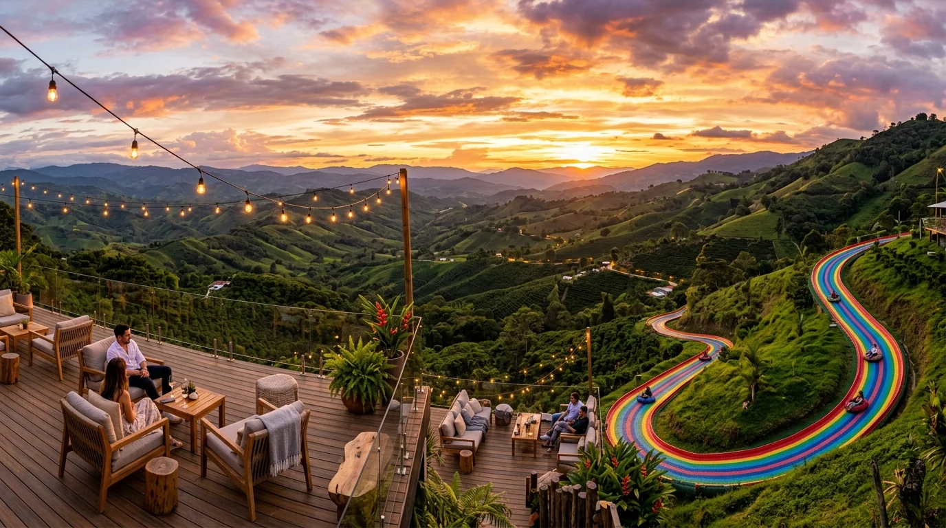 Terraza y tobogán de Venga Pues Mirador durante el atardecer