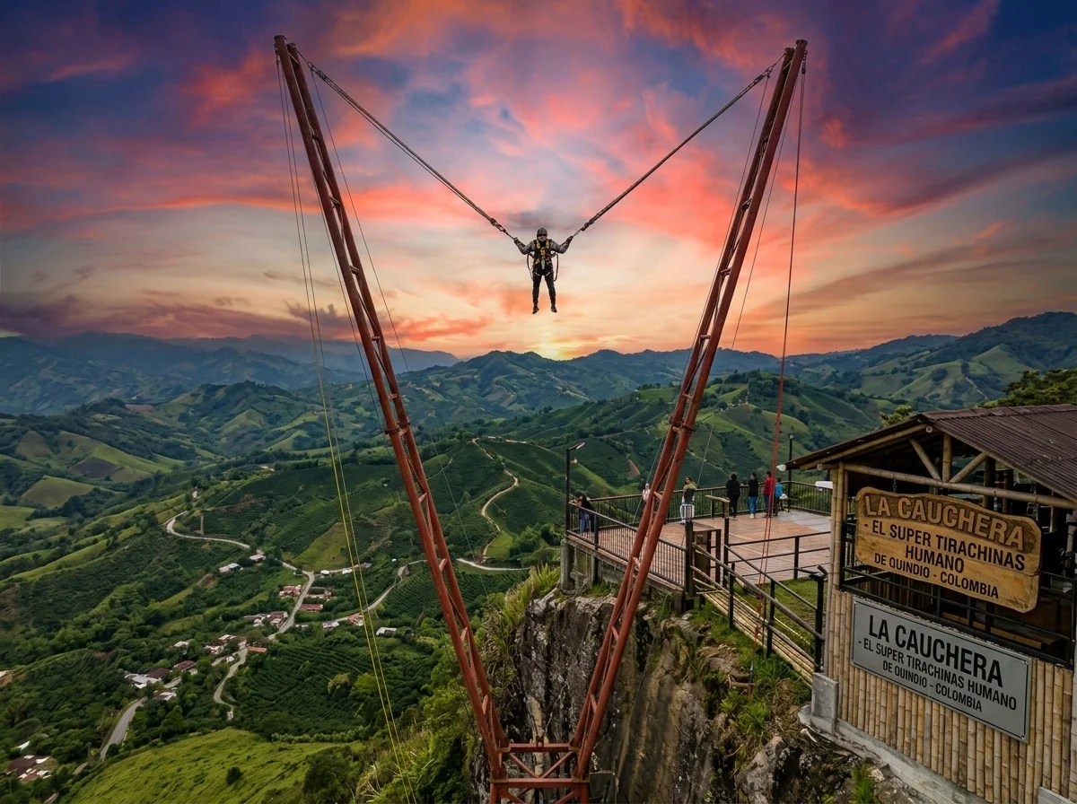 Cauchera humana de Venga Pues sobre el paisaje cafetero