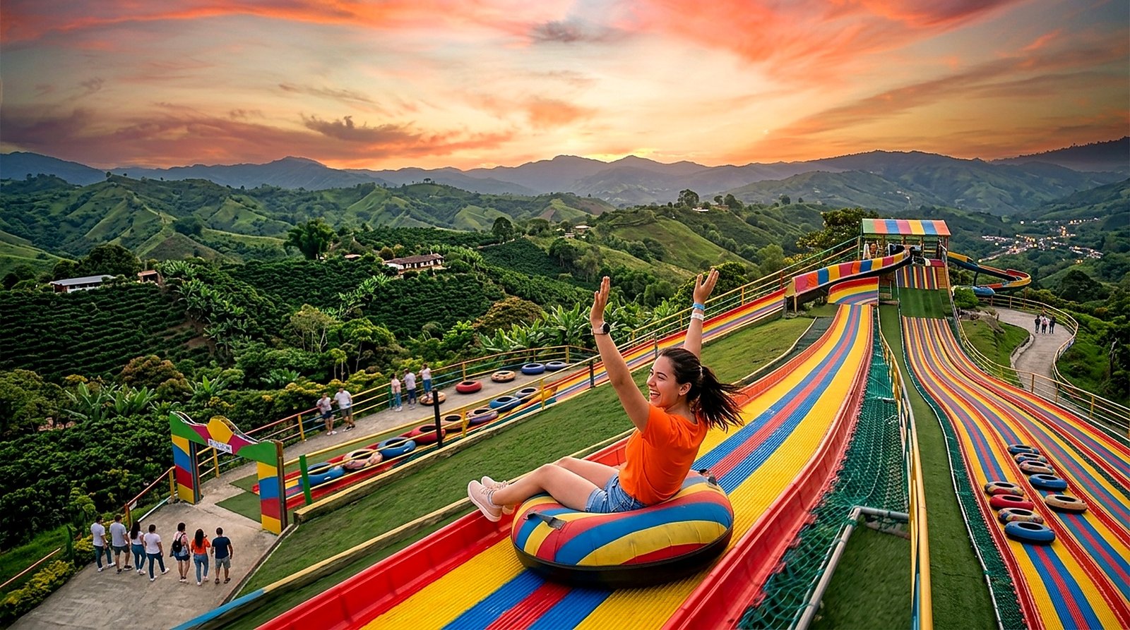 Tobogan de montana y atardecer en Venga Pues Mirador, Quimbaya